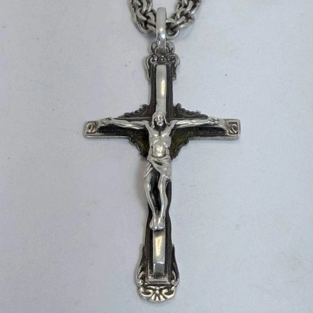Sterling Silver 925 Crucifix Pendant Heavy Woven Chain Necklace 51g 24in